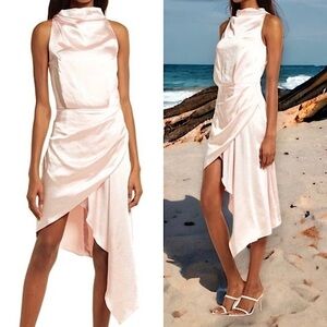 NWT ELLIATT 70s Pastel Satin Draped Mockneck Sleeveless Asymmetric Wrap Dress XS
